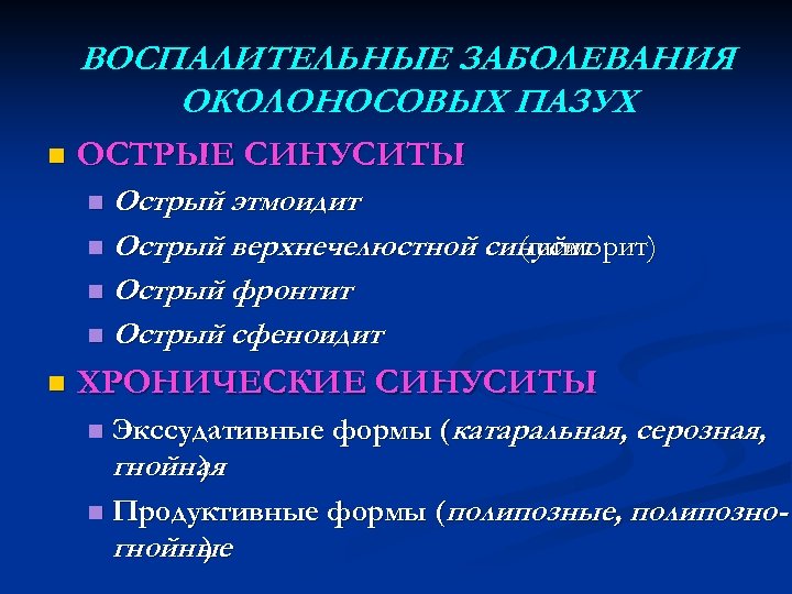 ВОСПАЛИТЕЛЬНЫЕ ЗАБОЛЕВАНИЯ ОКОЛОНОСОВЫХ ПАЗУХ n ОСТРЫЕ СИНУСИТЫ Острый этмоидит n Острый верхнечелюстной синусит (гайморит)