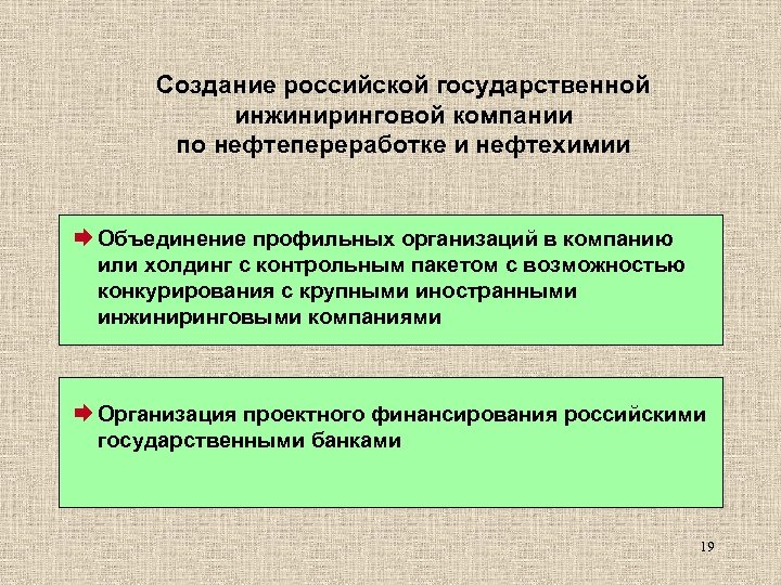 Создание российской государственной инжиниринговой компании по нефтепереработке и нефтехимии Æ Объединение профильных организаций в