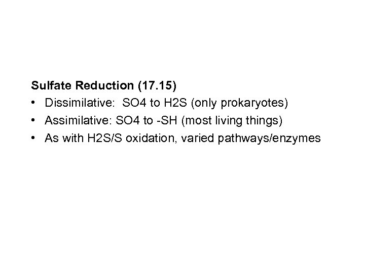 Sulfate Reduction (17. 15) • Dissimilative: SO 4 to H 2 S (only prokaryotes)