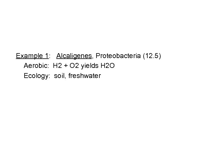 Example 1: Alcaligenes, Proteobacteria (12. 5) Aerobic: H 2 + O 2 yields H