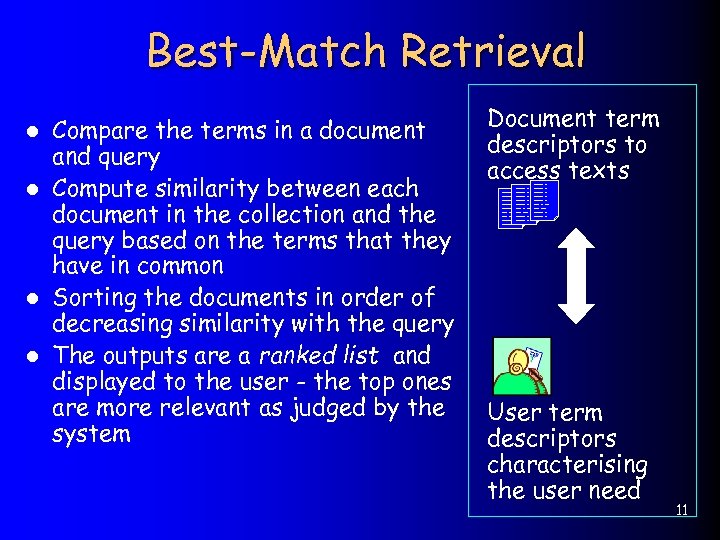 Best-Match Retrieval Compare the terms in a document and query l Compute similarity between