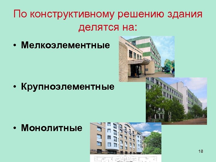 По конструктивному решению здания делятся на: • Мелкоэлементные • Крупноэлементные • Монолитные 18 