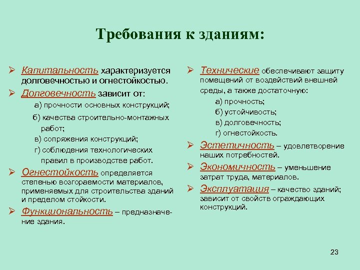 Требования к зданиям: Ø Капитальность характеризуется долговечностью и огнестойкостью. Ø Долговечность зависит от: а)