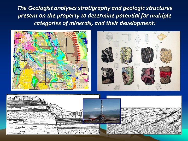 The Geologist analyses stratigraphy and geologic structures present on the property to determine potential
