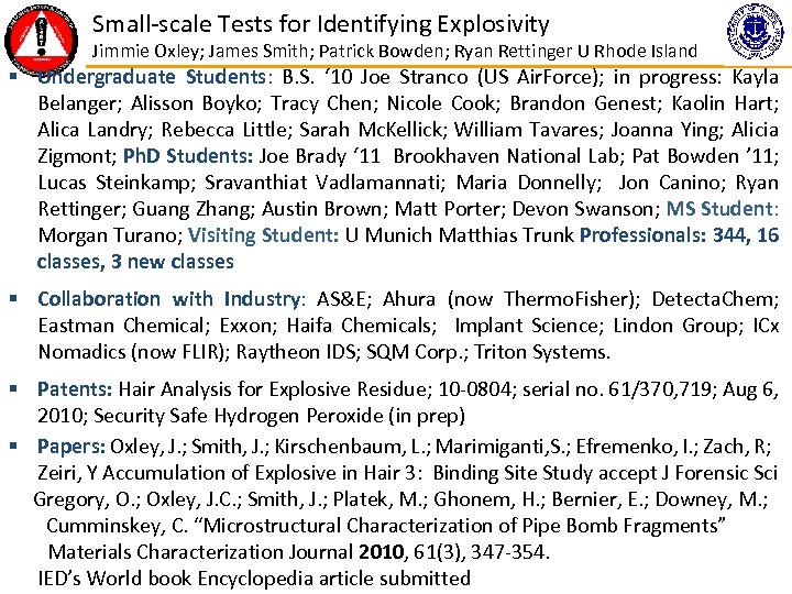 Small-scale Tests for Identifying Explosivity Jimmie Oxley; James Smith; Patrick Bowden; Ryan Rettinger U