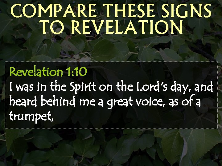 COMPARE THESE SIGNS TO REVELATION Revelation 1: 10 I was in the Spirit on