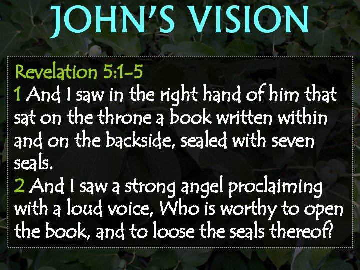 JOHN’S VISION Revelation 5: 1 -5 1 And I saw in the right hand