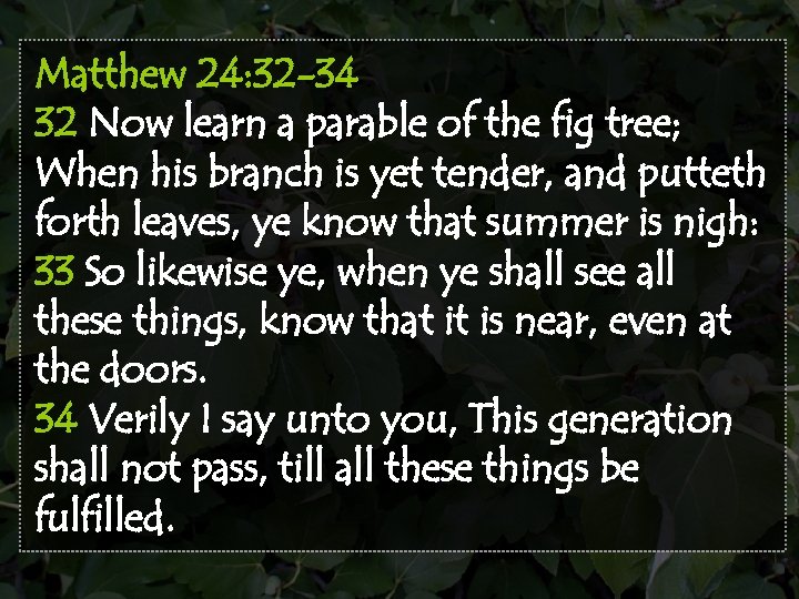 Matthew 24: 32 -34 32 Now learn a parable of the fig tree; When
