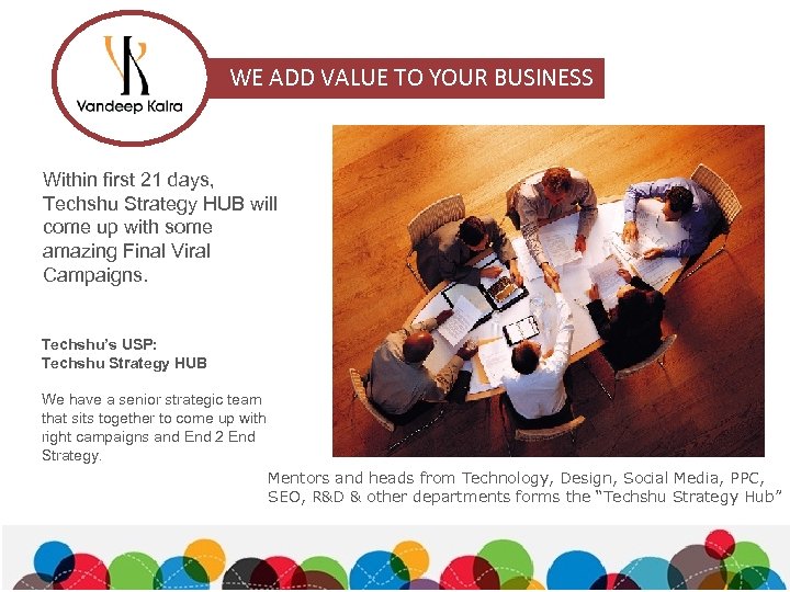 WE ADD VALUE TO YOUR BUSINESS Within first 21 days, Techshu Strategy HUB will