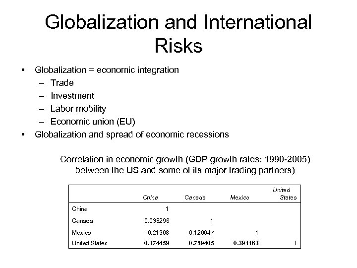 Globalization and International Risks • • Globalization = economic integration – Trade – Investment