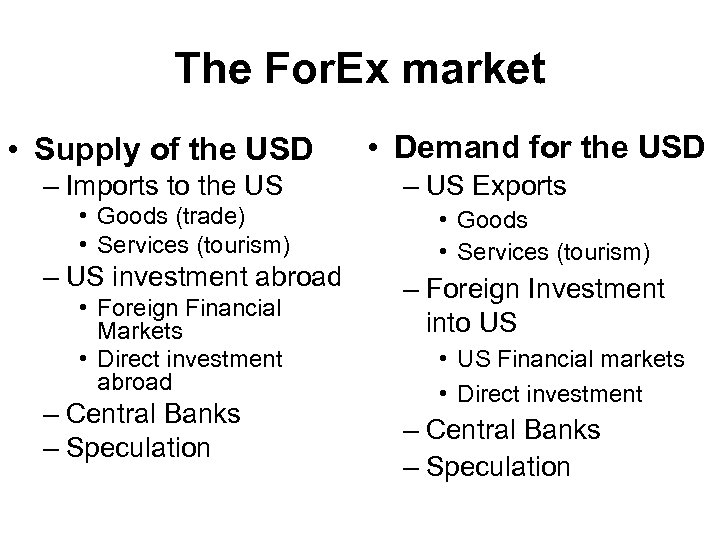 The For. Ex market • Supply of the USD – Imports to the US