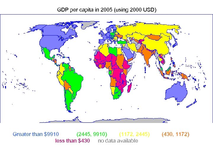 GDP per capita in 2005 (using 2000 USD) Greater than $9910 (2445, 9910) (1172,