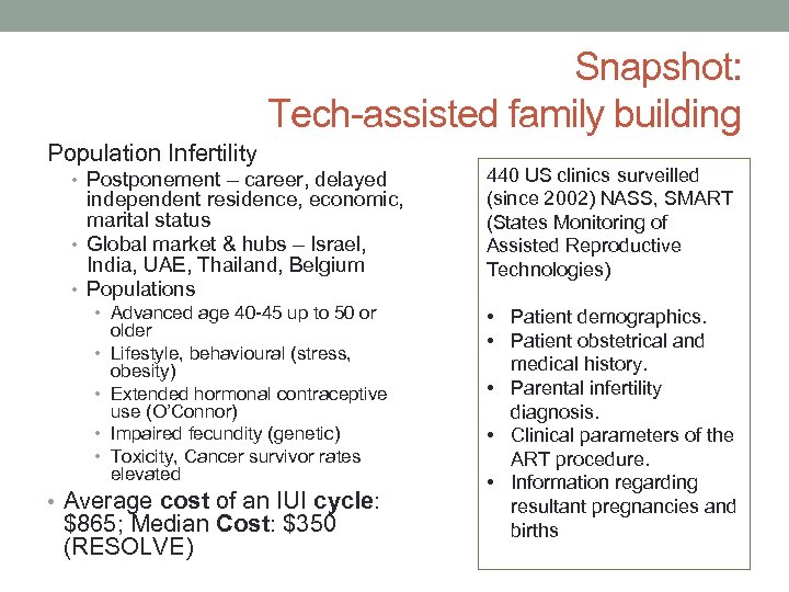 Snapshot: Tech-assisted family building Population Infertility • Postponement – career, delayed independent residence, economic,