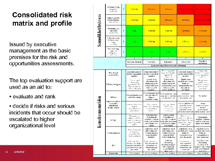 Consolidated risk matrix and profile Issued by executive management as the basic premises for
