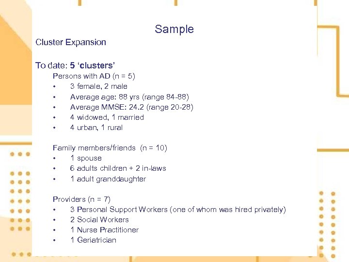 Sample Cluster Expansion To date: 5 ‘clusters’ Persons with AD (n = 5) •