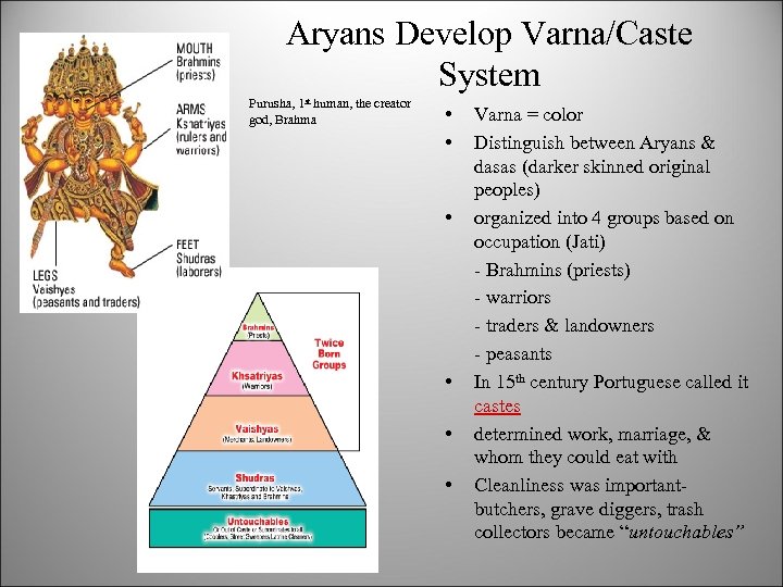 Aryans Develop Varna/Caste System Purusha, 1 st human, the creator god, Brahma • •