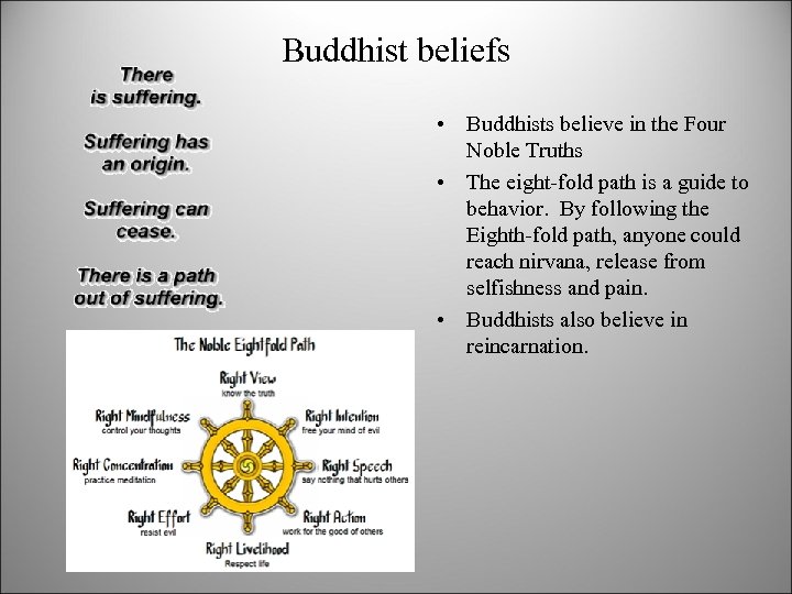 Buddhist beliefs • Buddhists believe in the Four Noble Truths • The eight-fold path