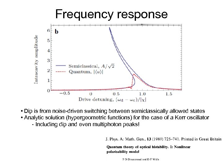 Frequency response • Dip is from noise-driven switching between semiclassically allowed states • Analytic