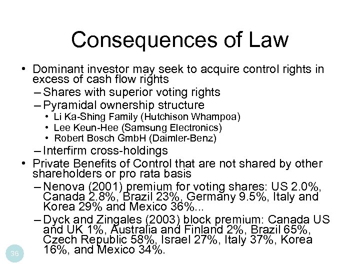 Consequences of Law • Dominant investor may seek to acquire control rights in excess