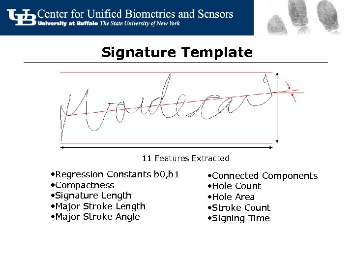 Signature Template 11 Features Extracted • Regression Constants b 0, b 1 • Compactness