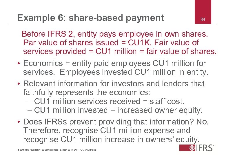 Example 6: share-based payment 34 Before IFRS 2, entity pays employee in own shares.