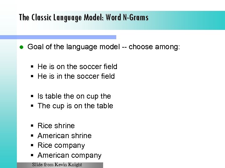 The Classic Language Model: Word N-Grams l Goal of the language model -- choose