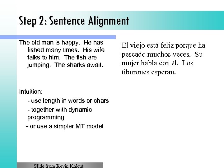 Step 2: Sentence Alignment The old man is happy. He has fished many times.