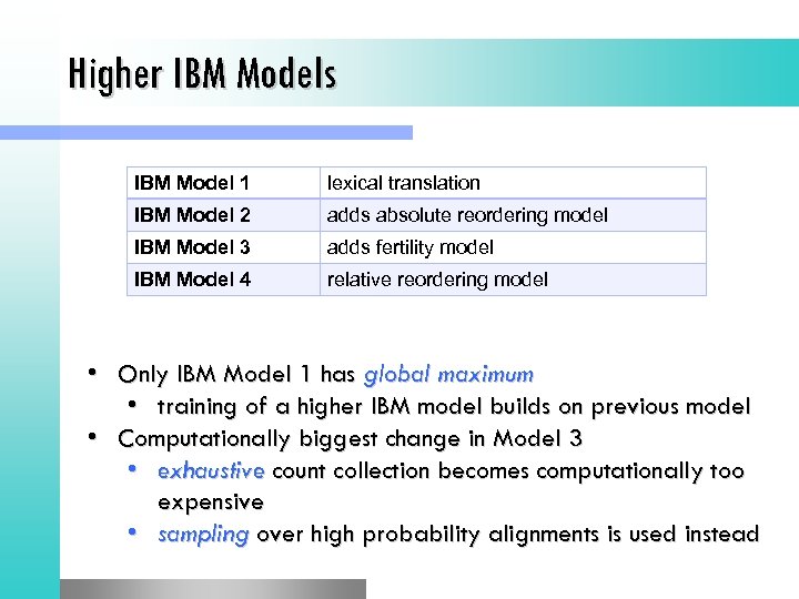 Higher IBM Models IBM Model 1 lexical translation IBM Model 2 adds absolute reordering