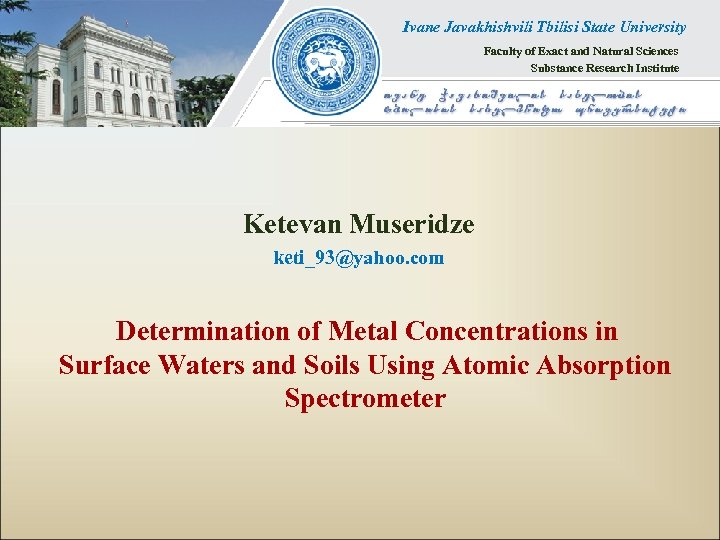 Ivane Javakhishvili Tbilisi State University Faculty of Exact and Natural Sciences Substance Research Institute