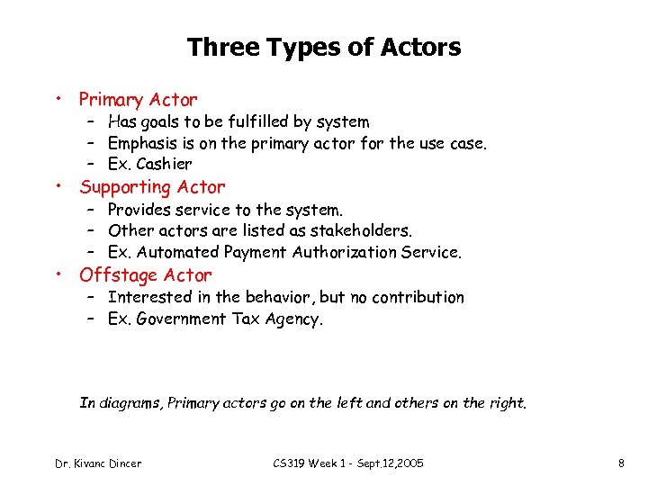 Three Types of Actors • Primary Actor – Has goals to be fulfilled by