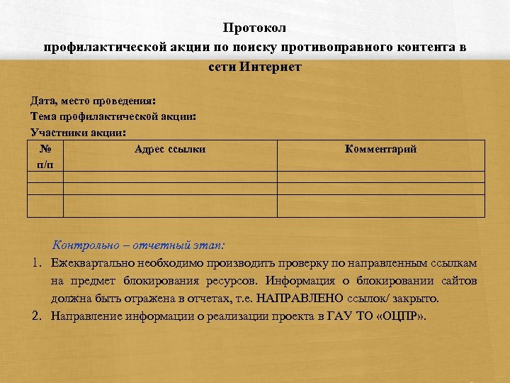 Протокол профилактической акции по поиску противоправного контента в сети Интернет Дата, место проведения: Тема