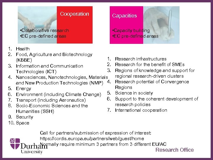 Cooperation • Collaborative research • EC pre-defined areas 1. Health 2. Food, Agriculture and