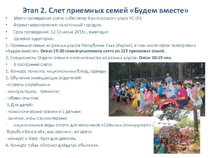 Этап 2. Слет приемных семей «Будем вместе» • Место проведения слета: п. Леглегер Хангаласского