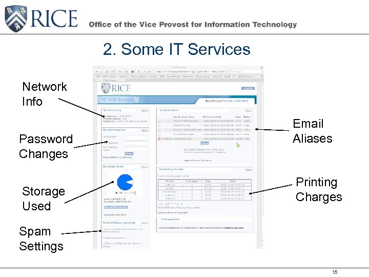2. Some IT Services Network Info Password Changes Storage Used Email Aliases Printing Charges