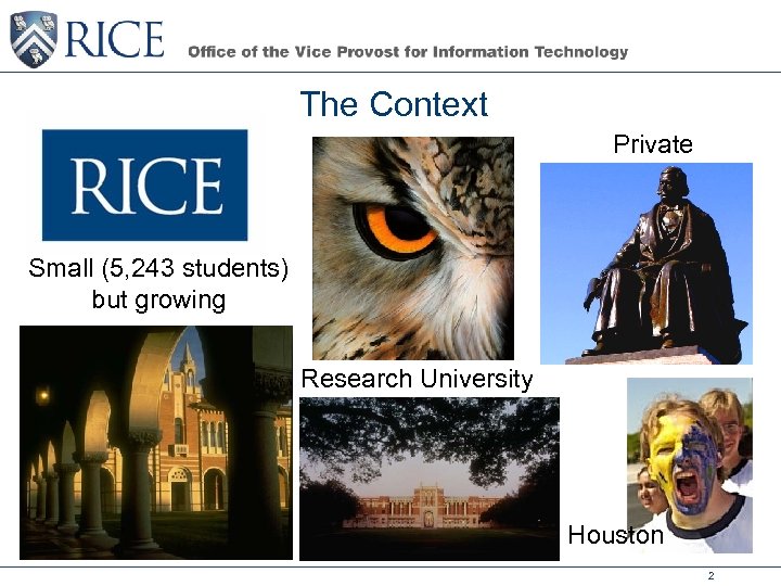 The Context Private Small (5, 243 students) but growing Research University Houston 2 