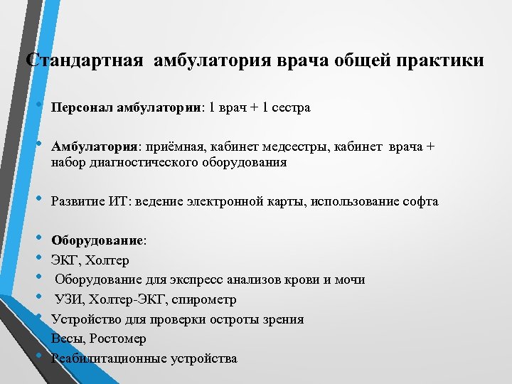 Стандартная амбулатория врача общей практики • Персонал амбулатории: 1 врач + 1 сестра •