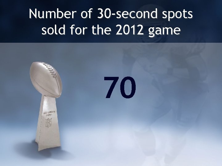 Number of 30 -second spots sold for the 2012 game 70 