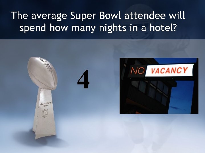 The average Super Bowl attendee will spend how many nights in a hotel? 4