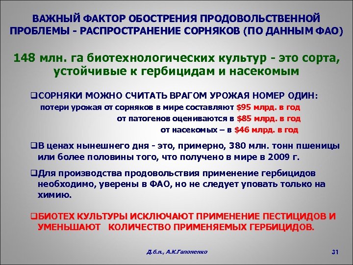 ВАЖНЫЙ ФАКТОР ОБОСТРЕНИЯ ПРОДОВОЛЬСТВЕННОЙ ПРОБЛЕМЫ - РАСПРОСТРАНЕНИЕ СОРНЯКОВ (ПО ДАННЫМ ФАО) 148 млн. га
