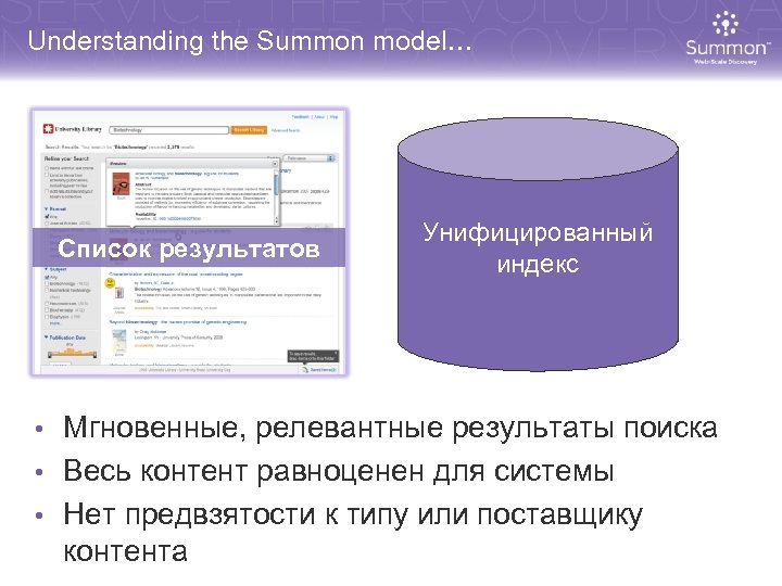 Understanding the Summon model… Список результатов Унифицированный индекс • Мгновенные, релевантные результаты поиска •