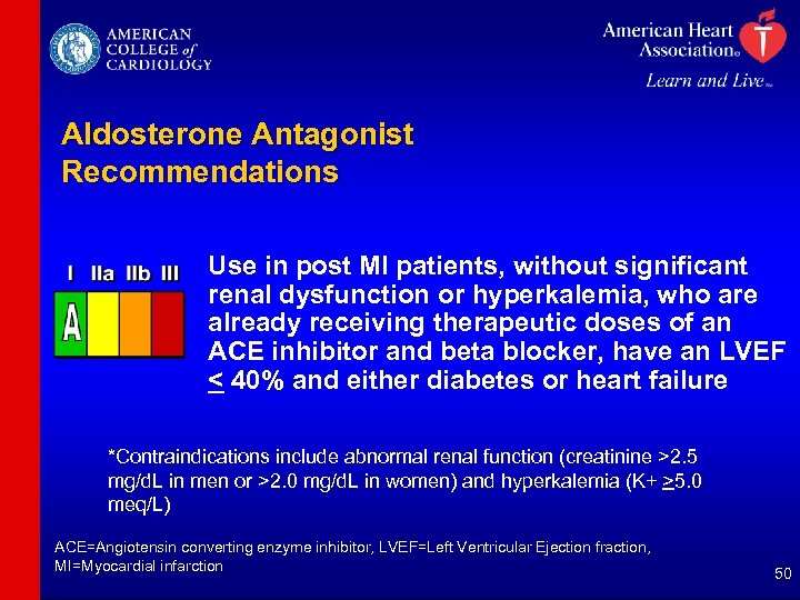 Aldosterone Antagonist Recommendations Use in post MI patients, without significant renal dysfunction or hyperkalemia,