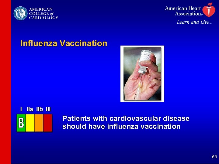 Influenza Vaccination Patients with cardiovascular disease should have influenza vaccination 66 