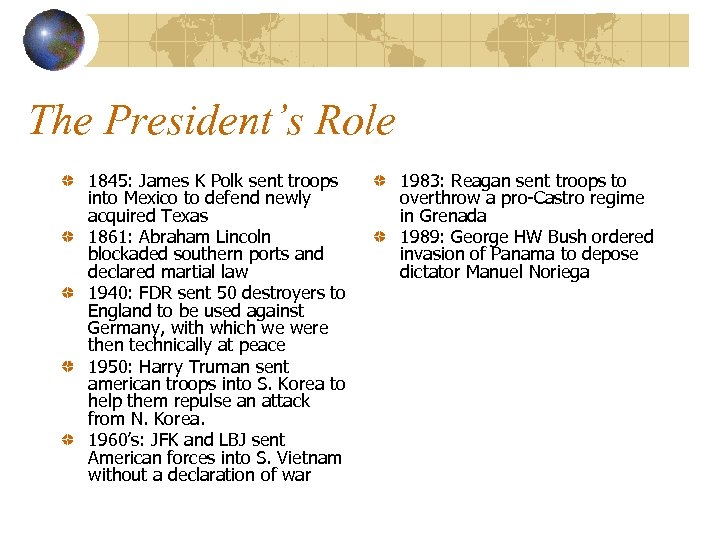 The President’s Role 1845: James K Polk sent troops into Mexico to defend newly