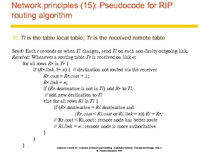 Network principles (15): Pseudocode for RIP routing algorithm z Tl is the table local