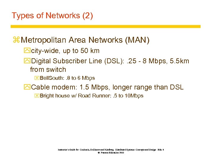 Types of Networks (2) z Metropolitan Area Networks (MAN) ycity-wide, up to 50 km