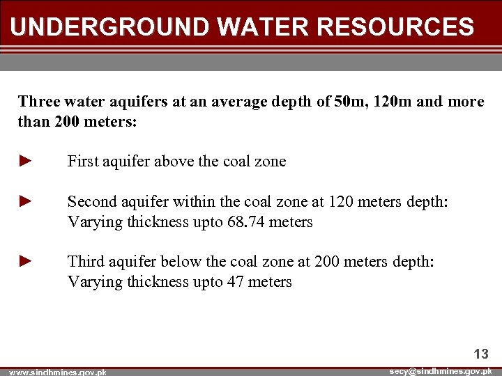 UNDERGROUND WATER RESOURCES Three water aquifers at an average depth of 50 m, 120