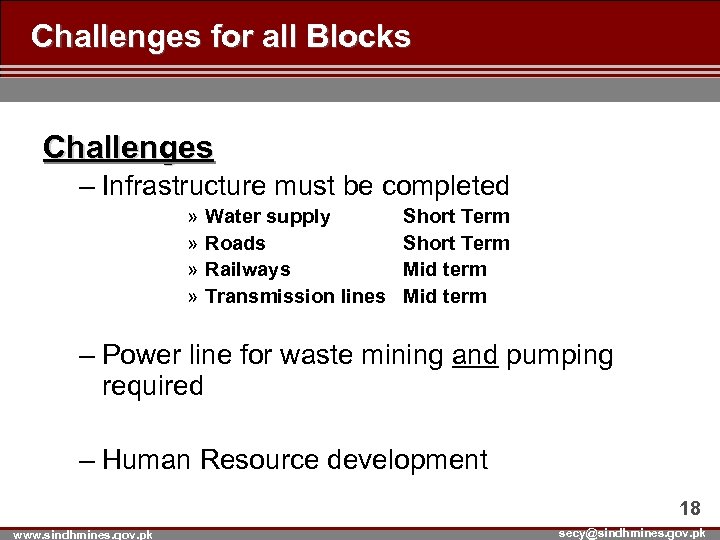 Challenges for all Blocks Challenges – Infrastructure must be completed » » Water supply