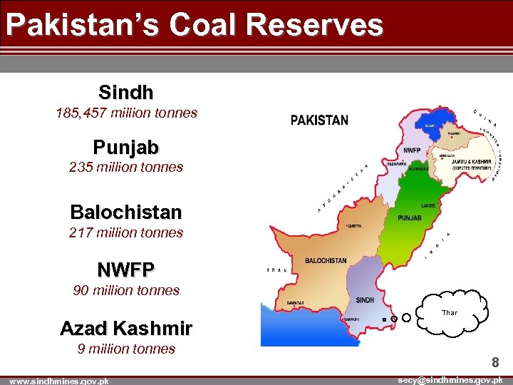 Pakistan’s Coal Reserves Sindh 185, 457 million tonnes Punjab 235 million tonnes Balochistan 217