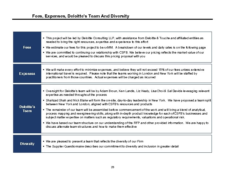 Fees, Expenses, Deloitte’s Team And Diversity § This project will be led by Deloitte