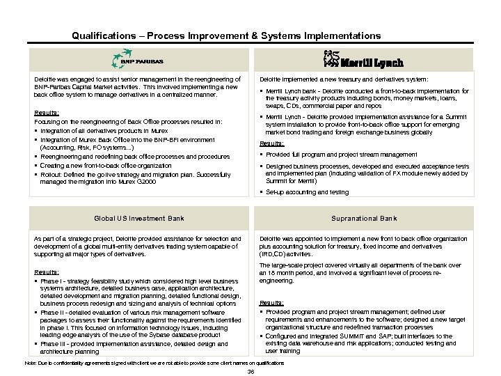 Qualifications – Process Improvement & Systems Implementations Deloitte was engaged to assist senior management